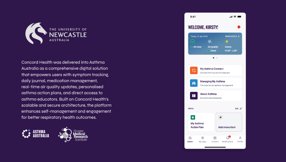 Asthma Connect mobile app showing asthma support, management tools, educational resources and an action plan.