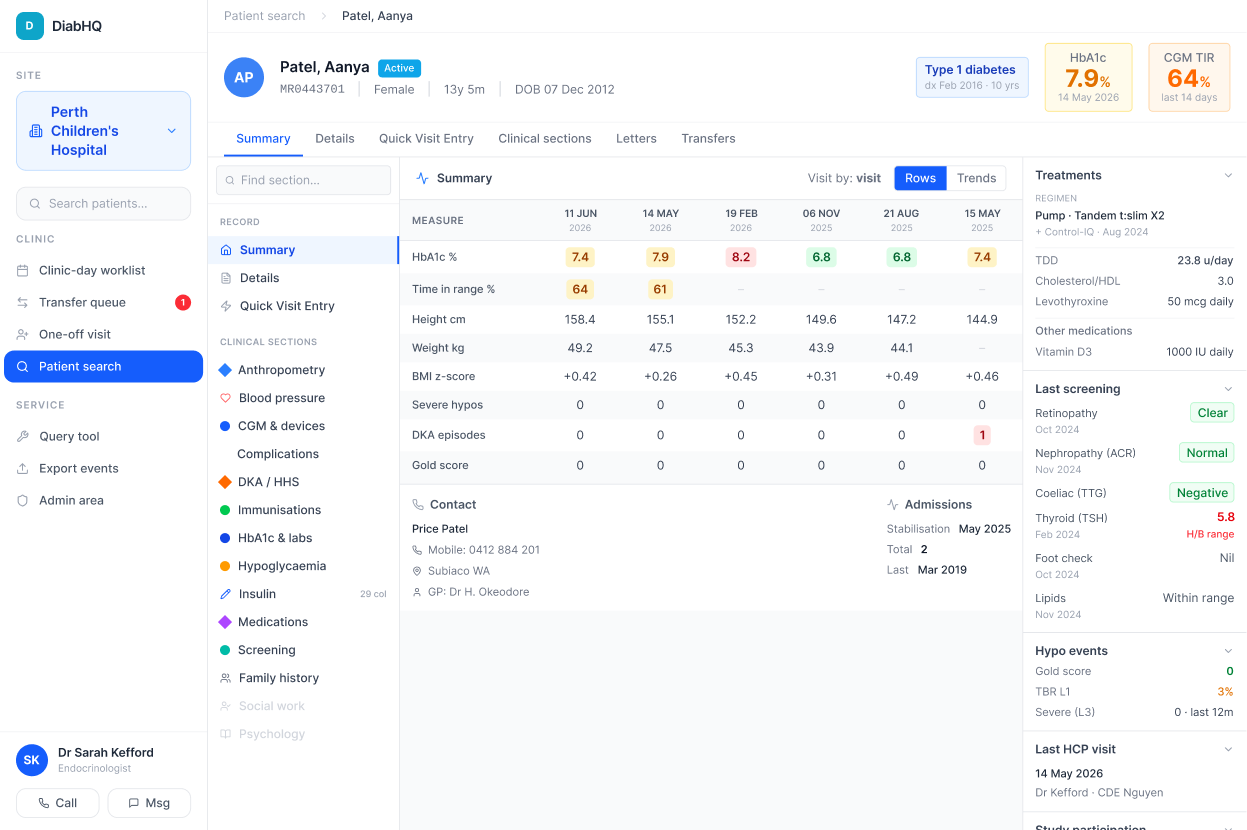 DiabHQ Clinical Portal showing the patient summary, clinical measures, treatment information and screening history.