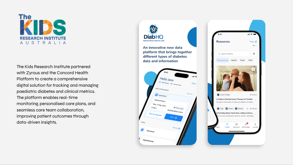 DiabHQ mobile app artwork showing an appointment overview and educational resources, from the supplied project overview.