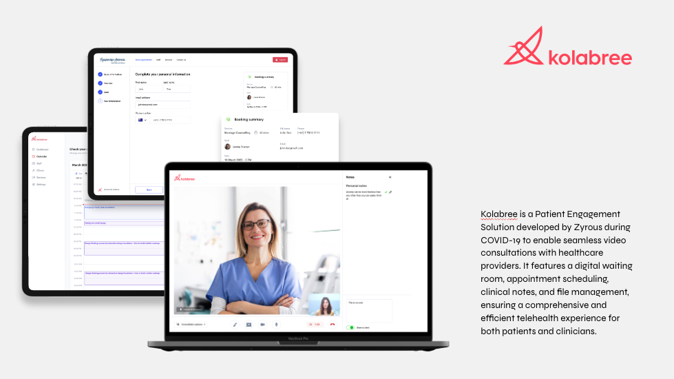 Kolabree product artwork showing video consultation, appointment scheduling and an online booking journey across laptop and tablet screens.