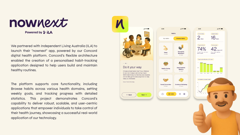 nownext mobile app showing habit categories and progress tracking, with the programme’s illustrated characters.